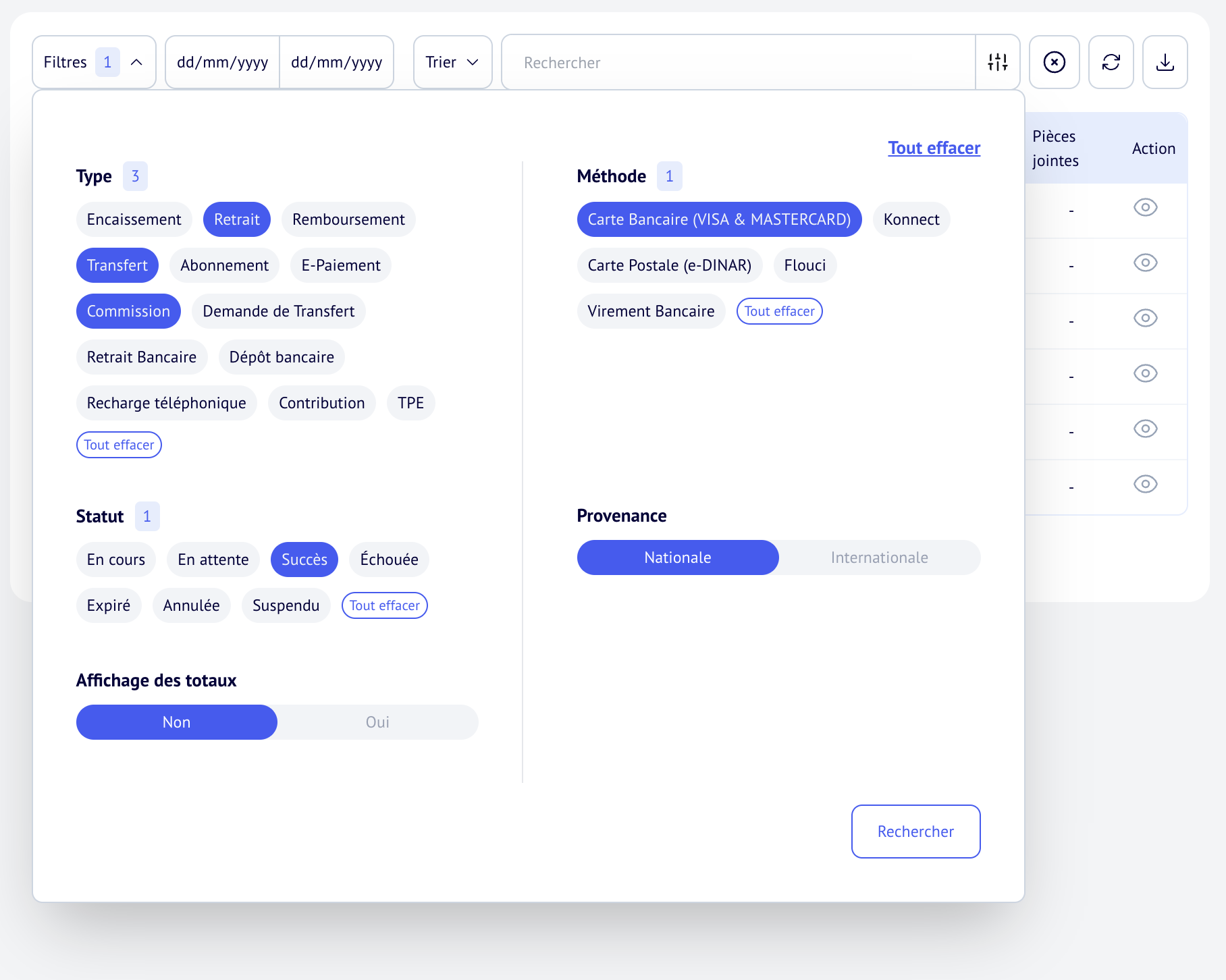 Recherche et filtrage dans le tableau de bord Konnect